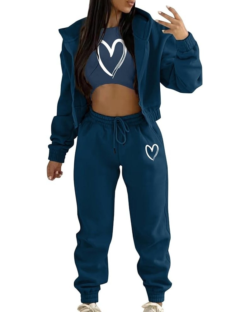 Womens 3 Piece Lounge Set Crop Tank Top Zipper Hoodie Jacket Sweatsuits Casual Tracksuit Sets Workout Jogging Suits A2-navy $...