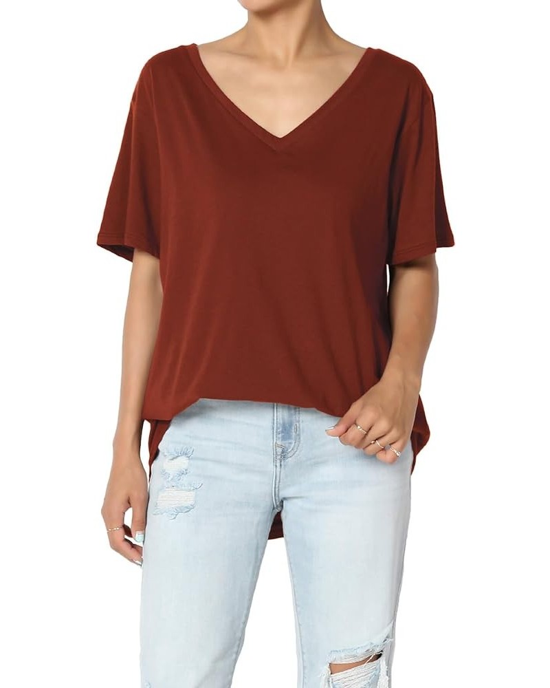 Women's S~3X V-Neck Cotton Oversized Boyfriend T-Shirt Short Sleeve Loose Tee Dark Rust $11.01 Tops