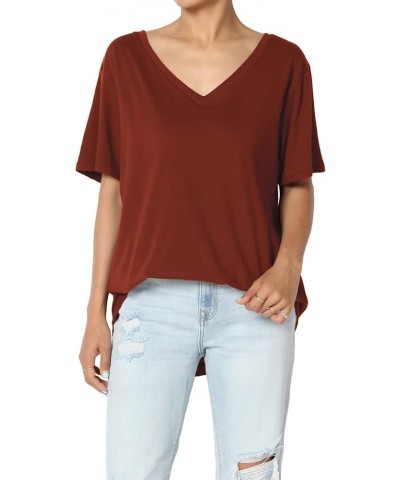 Women's S~3X V-Neck Cotton Oversized Boyfriend T-Shirt Short Sleeve Loose Tee Dark Rust $11.01 Tops