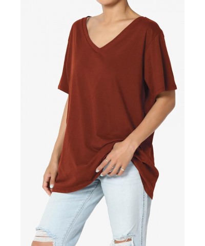 Women's S~3X V-Neck Cotton Oversized Boyfriend T-Shirt Short Sleeve Loose Tee Dark Rust $11.01 Tops