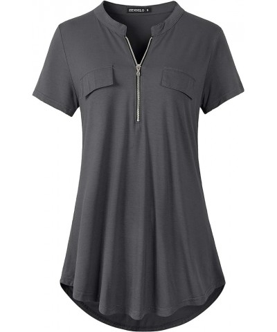 Women's Shirt Zip Plaid V Neck Short Sleeve Casual Summer Tunic Tops Deep Gray $13.16 Tops