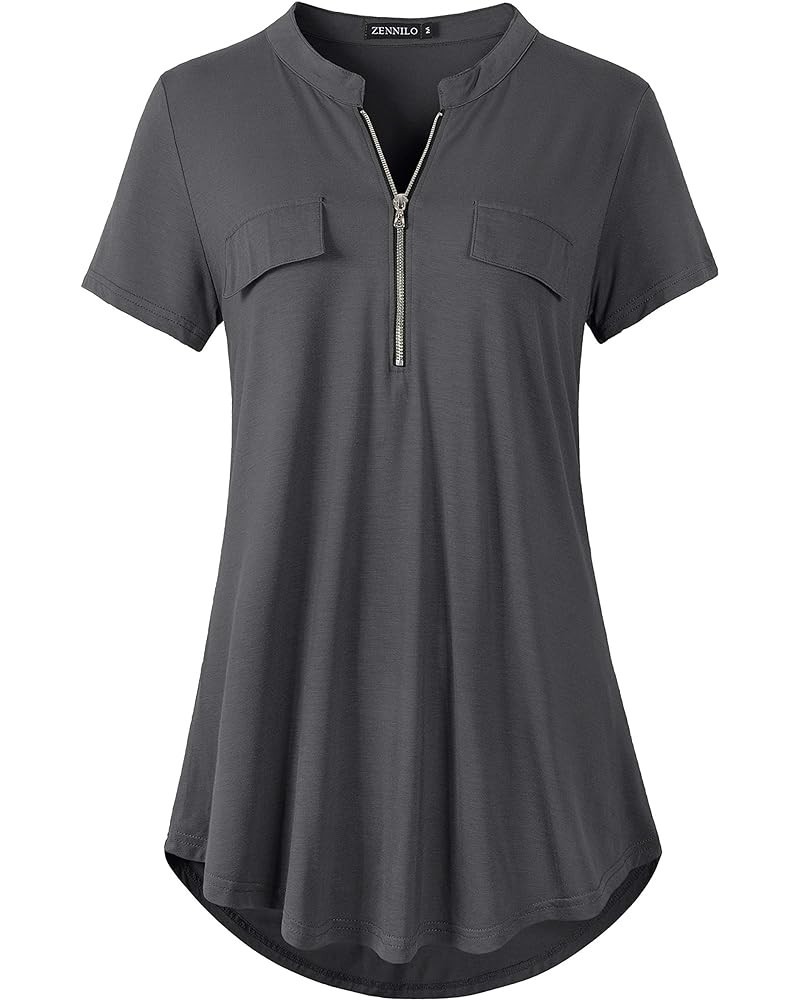 Women's Shirt Zip Plaid V Neck Short Sleeve Casual Summer Tunic Tops Deep Gray $13.16 Tops