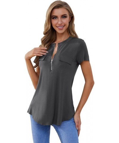 Women's Shirt Zip Plaid V Neck Short Sleeve Casual Summer Tunic Tops Deep Gray $13.16 Tops