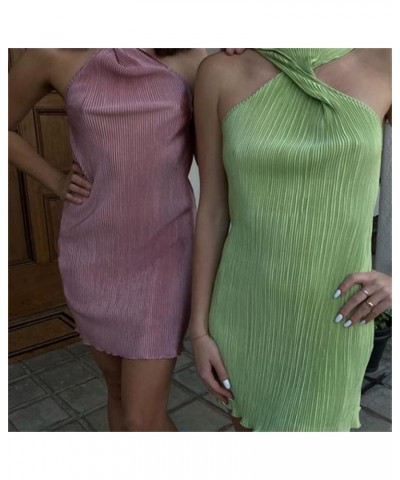 Women Pleated Mini Tank Dress Bodycon Sexy Sleeveless Ruched Short Dress Halter Neck Twist Front Sundress E Twist Pink $11.07...