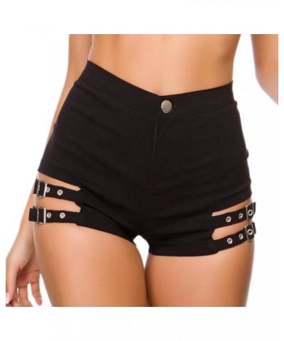 Women's Sexy Short Metal Buckle High Waisted Hollowed Out Summer Party Denim Shorts Black $11.00 Swimsuits