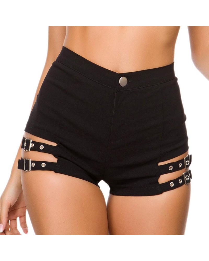 Women's Sexy Short Metal Buckle High Waisted Hollowed Out Summer Party Denim Shorts Black $11.00 Swimsuits