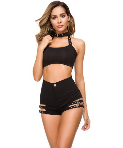 Women's Sexy Short Metal Buckle High Waisted Hollowed Out Summer Party Denim Shorts Black $11.00 Swimsuits