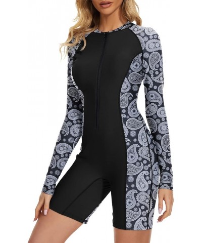 Long Sleeve Rash Guard for Women One Piece Swimsuit Boyleg Athletic Surfing Swimwear Bathing Suits Black Paisley $12.60 Swims...