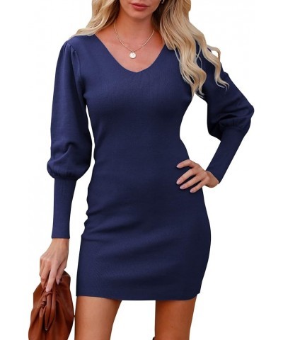 Women 2023 Pullover Sweater Dress V Neck Long Sleeve Bodycon Embroidered Back Party Rib Knit Mini Fall Dresses Solid Navy $10...