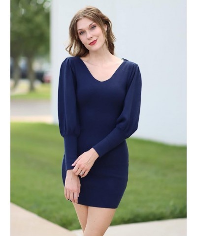 Women 2023 Pullover Sweater Dress V Neck Long Sleeve Bodycon Embroidered Back Party Rib Knit Mini Fall Dresses Solid Navy $10...