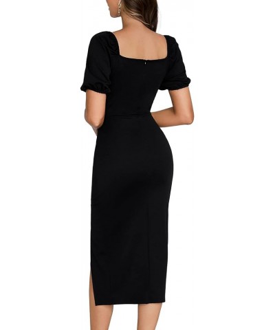 Women's Scoop Neck Puff Short Sleeve Split Bodycon Pencil Party Midi Dress Black $23.59 Dresses