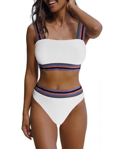 Women's Color Block Ribbed Knit Bikini Set Contrast Trim 2 Piece Swimsuits White $11.87 Swimsuits