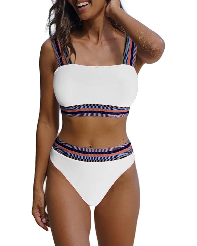 Women's Color Block Ribbed Knit Bikini Set Contrast Trim 2 Piece Swimsuits White $11.87 Swimsuits