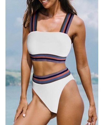 Women's Color Block Ribbed Knit Bikini Set Contrast Trim 2 Piece Swimsuits White $11.87 Swimsuits