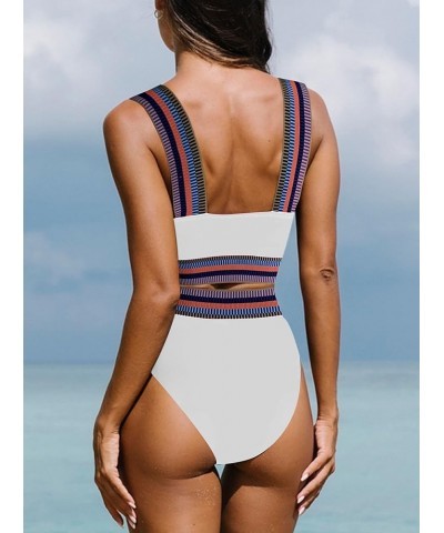 Women's Color Block Ribbed Knit Bikini Set Contrast Trim 2 Piece Swimsuits White $11.87 Swimsuits