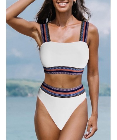 Women's Color Block Ribbed Knit Bikini Set Contrast Trim 2 Piece Swimsuits White $11.87 Swimsuits