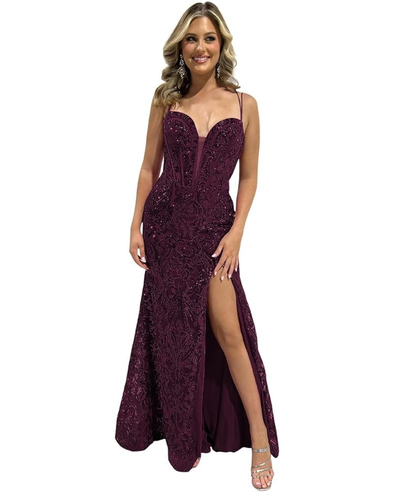 Women's Lace Prom Dresses with Slit Spaghetti Straps Long Applique Tulle Sweetheart Formal Evening Gowns DE53 Plum $26.65 Dre...