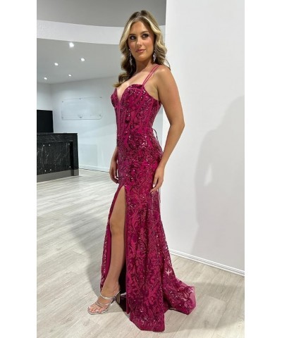 Women's Lace Prom Dresses with Slit Spaghetti Straps Long Applique Tulle Sweetheart Formal Evening Gowns DE53 Plum $26.65 Dre...