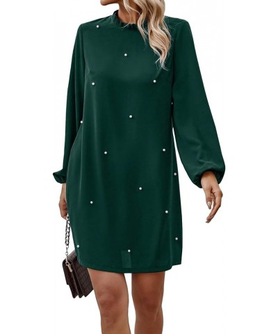 Women's Pearls Beaded Mock Neck Long Sleeve Dress Casual Frill Trim Mini Tunic Dress Dark Green $24.19 Dresses