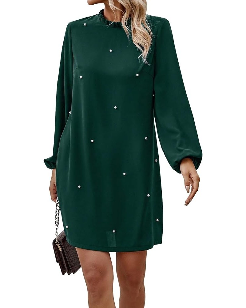 Women's Pearls Beaded Mock Neck Long Sleeve Dress Casual Frill Trim Mini Tunic Dress Dark Green $24.19 Dresses