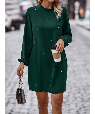 Women's Pearls Beaded Mock Neck Long Sleeve Dress Casual Frill Trim Mini Tunic Dress Dark Green $24.19 Dresses