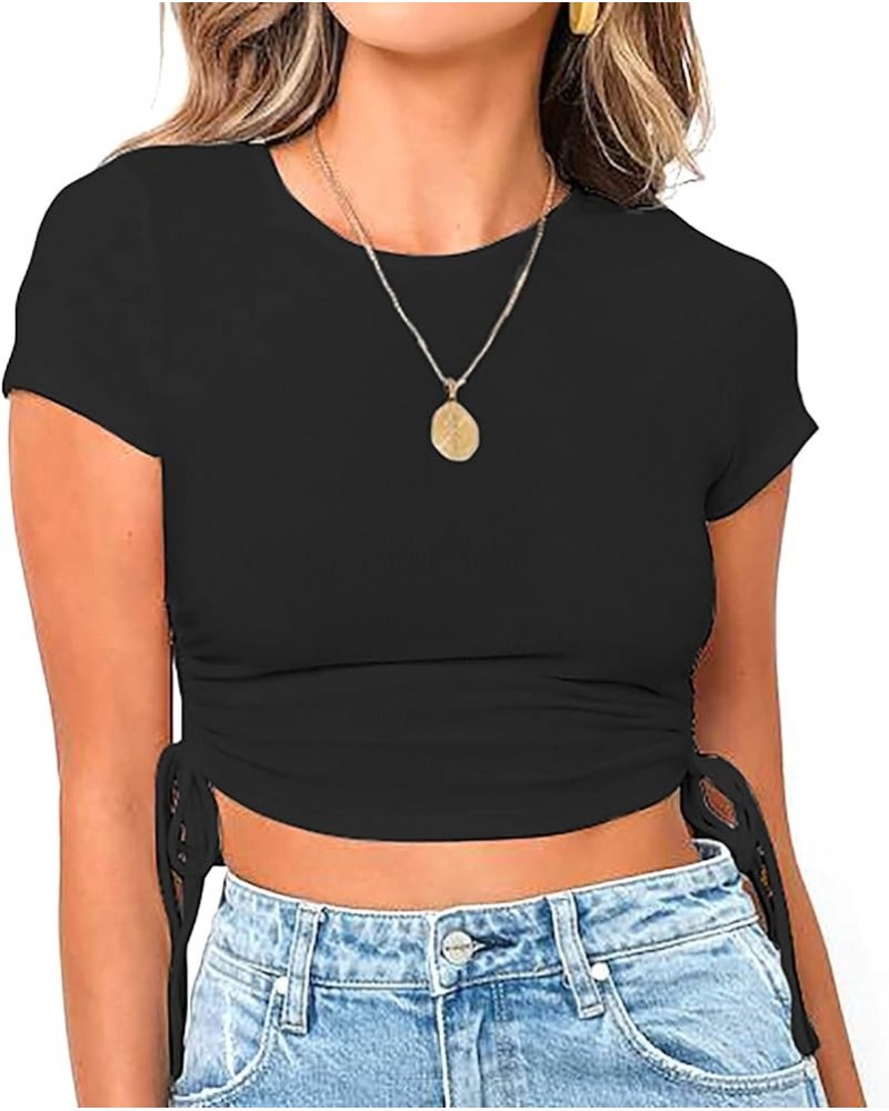 Women's Round Neck Short Sleeve Drawstring Side Slim Fit Stretchy Crop Tops T-shirt Black $8.77 T-Shirts