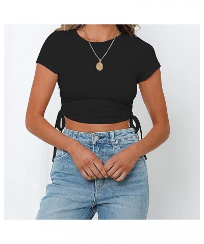 Women's Round Neck Short Sleeve Drawstring Side Slim Fit Stretchy Crop Tops T-shirt Black $8.77 T-Shirts