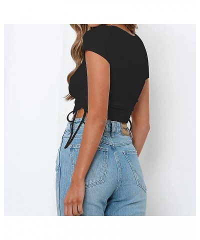 Women's Round Neck Short Sleeve Drawstring Side Slim Fit Stretchy Crop Tops T-shirt Black $8.77 T-Shirts