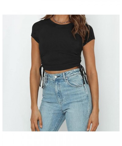 Women's Round Neck Short Sleeve Drawstring Side Slim Fit Stretchy Crop Tops T-shirt Black $8.77 T-Shirts