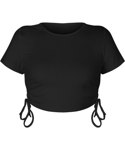 Women's Round Neck Short Sleeve Drawstring Side Slim Fit Stretchy Crop Tops T-shirt Black $8.77 T-Shirts