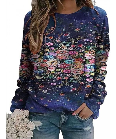 Women's Floral Print Long Sleeve Sweatshirt Round Neck Knit Scenic Printed Casual Fall Loose Pullover Sweatshirt Top Flowers1...