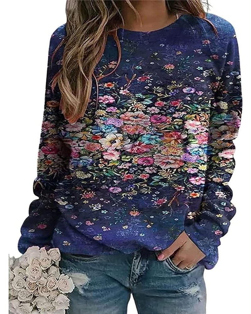 Women's Floral Print Long Sleeve Sweatshirt Round Neck Knit Scenic Printed Casual Fall Loose Pullover Sweatshirt Top Flowers1...