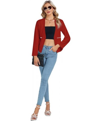 Women's Long Sleeve Open Front Work Office Blazer Jacket with Zipper Pockets Pure Red $16.49 Blazers