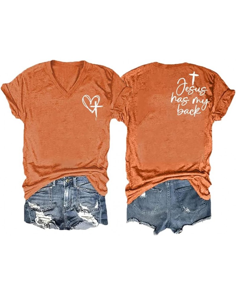 Jesus Has My Back Tee,Jesus Has My Back Shirt Womens Plus Size,Women's Faith in Jesus Print Vneck T-Shirt,Funny Orange $13.51...