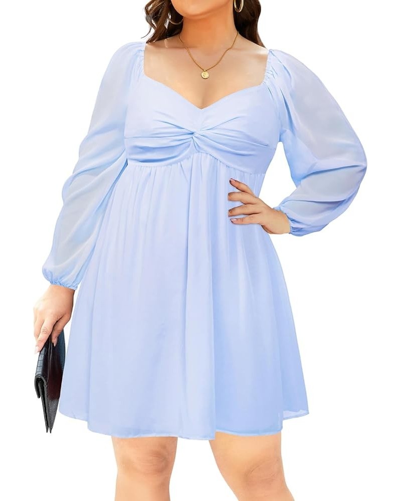 Plus Size Women's Sweetheart Neckline Dress Puff Long Sleeve Chiffon Summer Party A Line Mini Dresses Light Blue $21.72 Dresses