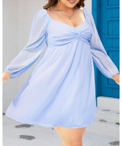 Plus Size Women's Sweetheart Neckline Dress Puff Long Sleeve Chiffon Summer Party A Line Mini Dresses Light Blue $21.72 Dresses