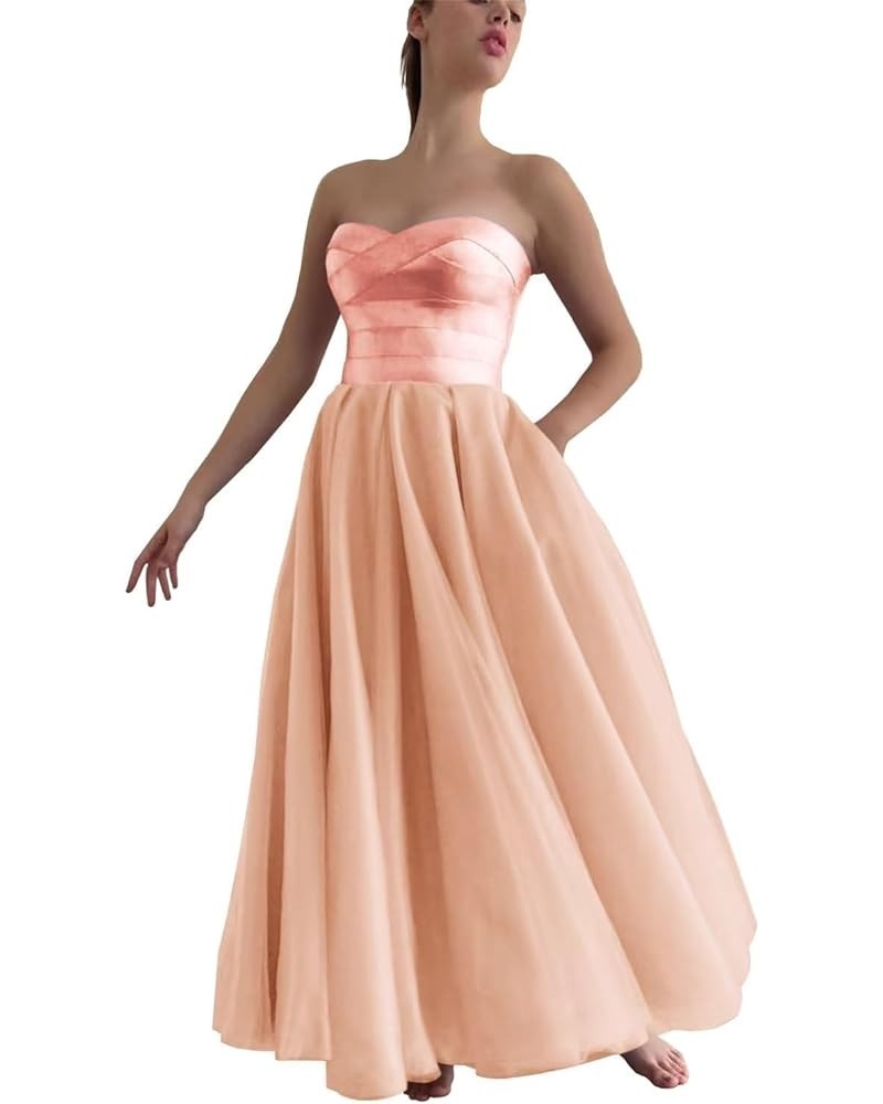 Women's Strapless Tea Length Prom Dresses Tulle A Line Satin Formal Evening Party Gown with Pockets Coral $35.74 Dresses