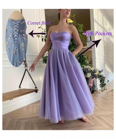 Women's Strapless Tea Length Prom Dresses Tulle A Line Satin Formal Evening Party Gown with Pockets Coral $35.74 Dresses