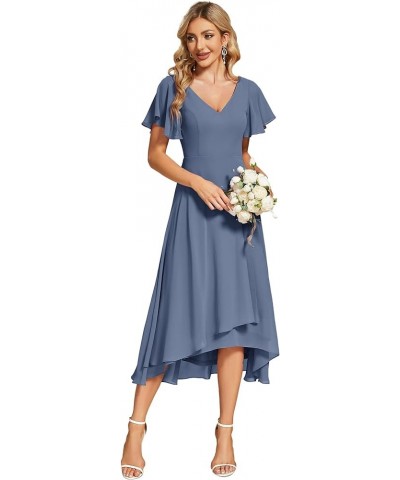 Women's V Neck Ruffle Sleeves Irregular Chiffon A-Line Midi Wedding Guest Dresses 01756 Dusty Navy $28.41 Dresses