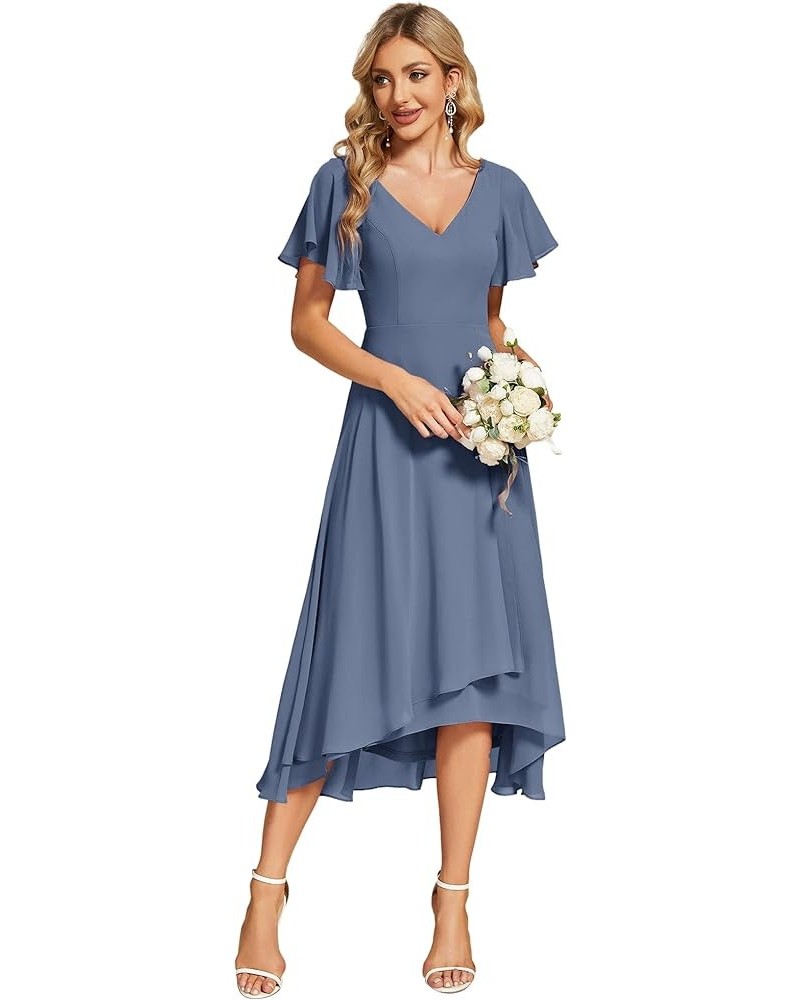 Women's V Neck Ruffle Sleeves Irregular Chiffon A-Line Midi Wedding Guest Dresses 01756 Dusty Navy $28.41 Dresses