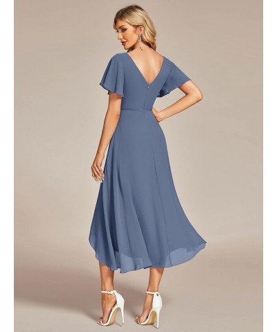 Women's V Neck Ruffle Sleeves Irregular Chiffon A-Line Midi Wedding Guest Dresses 01756 Dusty Navy $28.41 Dresses