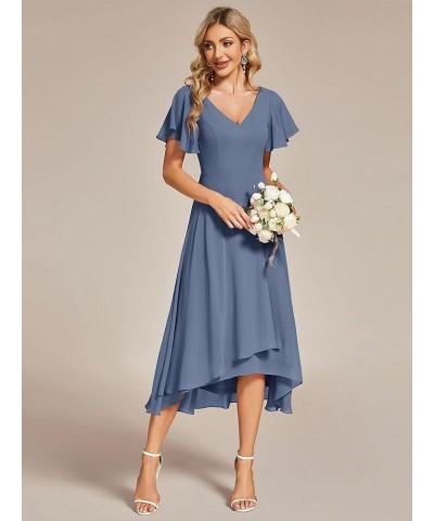 Women's V Neck Ruffle Sleeves Irregular Chiffon A-Line Midi Wedding Guest Dresses 01756 Dusty Navy $28.41 Dresses