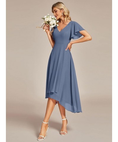 Women's V Neck Ruffle Sleeves Irregular Chiffon A-Line Midi Wedding Guest Dresses 01756 Dusty Navy $28.41 Dresses