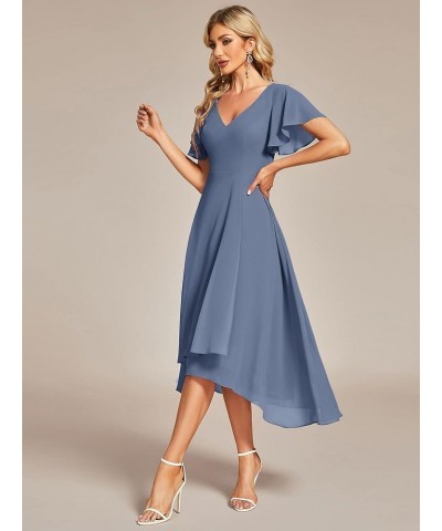 Women's V Neck Ruffle Sleeves Irregular Chiffon A-Line Midi Wedding Guest Dresses 01756 Dusty Navy $28.41 Dresses