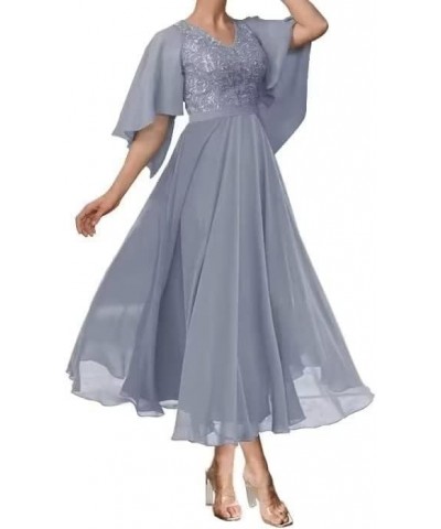 Ruffle Sleeves Mother of The Bride Dresses Tea Length Lace Appliques Chiffon Formal Evening Gown for Wedding Dusty-blue $39.0...