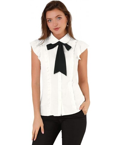 Women's Ruffles Cap Sleeve Tops Tie Neck Button Up Peter Pan Collar Blouse Shirts White $16.94 Blouses