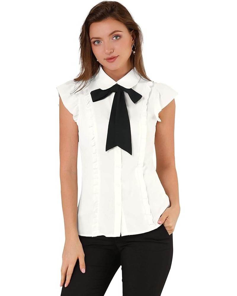 Women's Ruffles Cap Sleeve Tops Tie Neck Button Up Peter Pan Collar Blouse Shirts White $16.94 Blouses