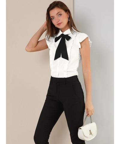 Women's Ruffles Cap Sleeve Tops Tie Neck Button Up Peter Pan Collar Blouse Shirts White $16.94 Blouses