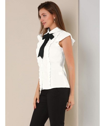 Women's Ruffles Cap Sleeve Tops Tie Neck Button Up Peter Pan Collar Blouse Shirts White $16.94 Blouses