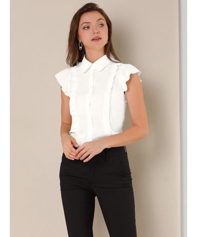 Women's Ruffles Cap Sleeve Tops Tie Neck Button Up Peter Pan Collar Blouse Shirts White $16.94 Blouses